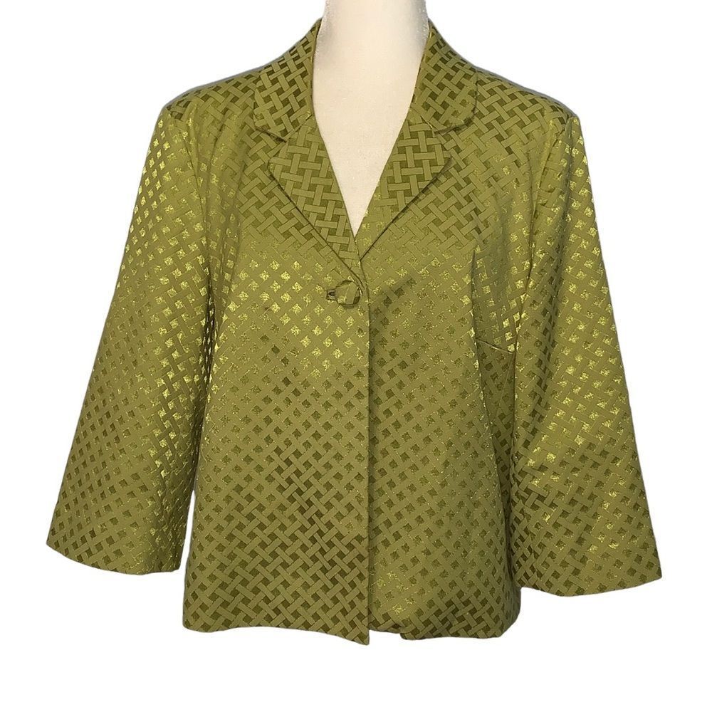 Chico’s Chartreuse Lattice Pattern 3/4 Sleeve Jacket Size 2(10-12)